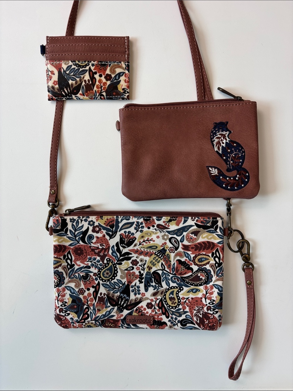 Sakroots 3-Piece Set Crossbody Bag Brown Fox Floral Pouch Card Holder Consign